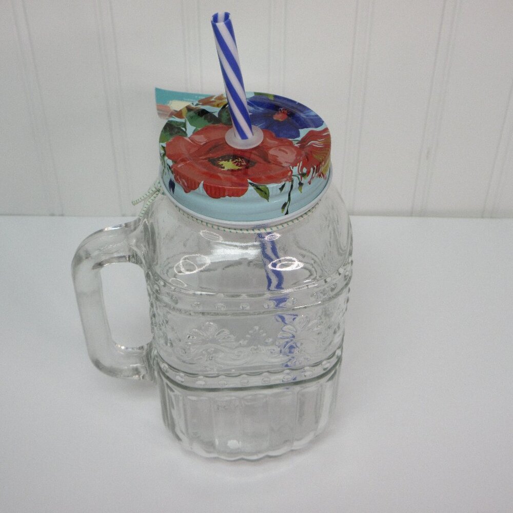 Pioneer Woman Cassie Mason Jar Drinking Glass W Lid & Straw Tumbler Clear 32oz